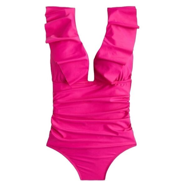 J Crew Radiant Fuchsia Ruffle V-Neck Ruched One Piece Swimsuit Sz 2 NWT - Picture 4 of 16